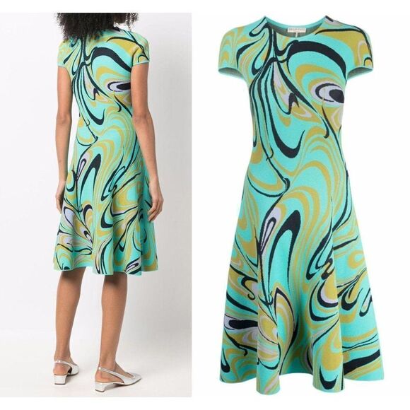 EMILIO PUCCI Turquoise Onde Print Fit & Flare Knit Knee Length Dress Siz… - Picture 3 of 14